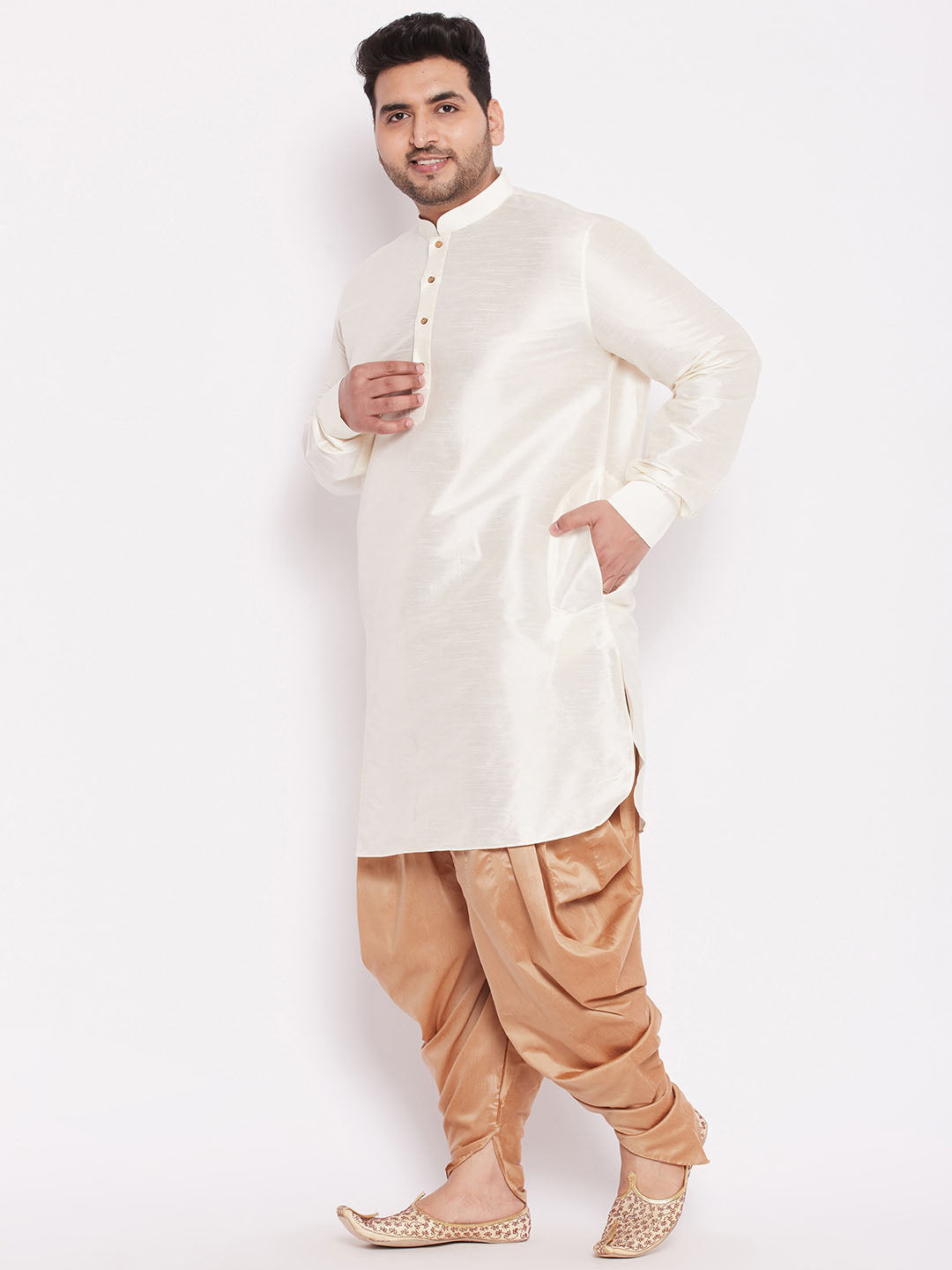 Men's Plus Size Cream Silk Blend Curved Kurta Dhoti Set