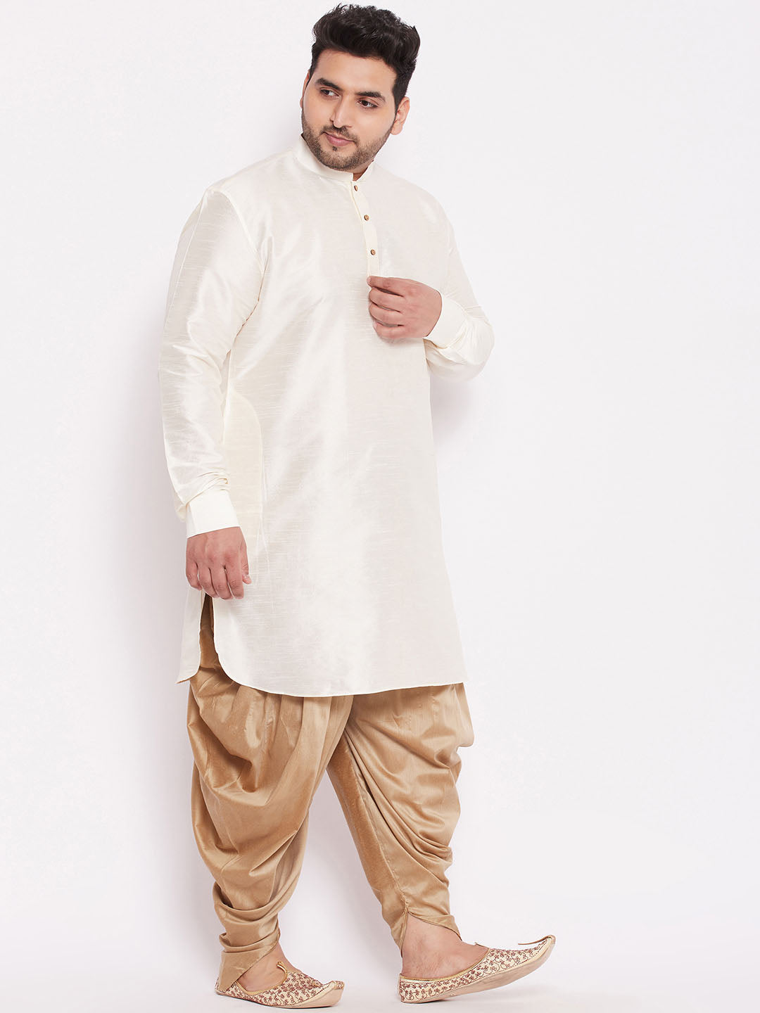 Men's Plus Size Cream Silk Blend Curved Kurta Dhoti Set