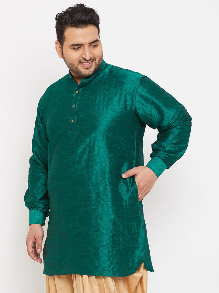 VASTRAMAY Men's Plus Size Green Silk Blend Curved Kurta