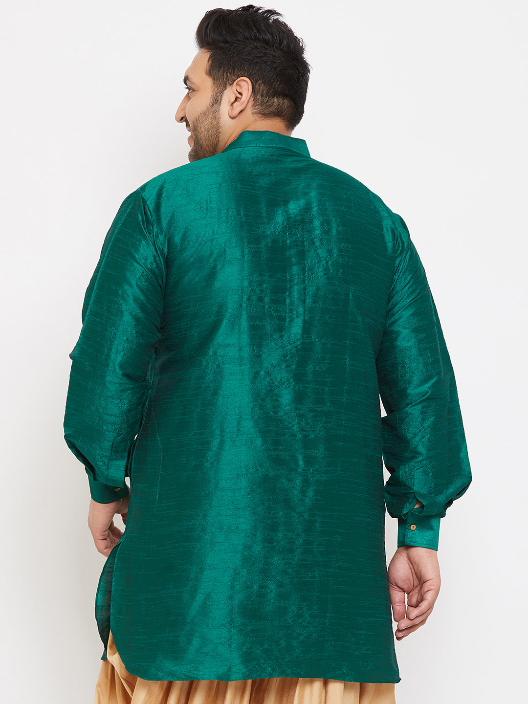 VASTRAMAY Men's Plus Size Green Silk Blend Curved Kurta