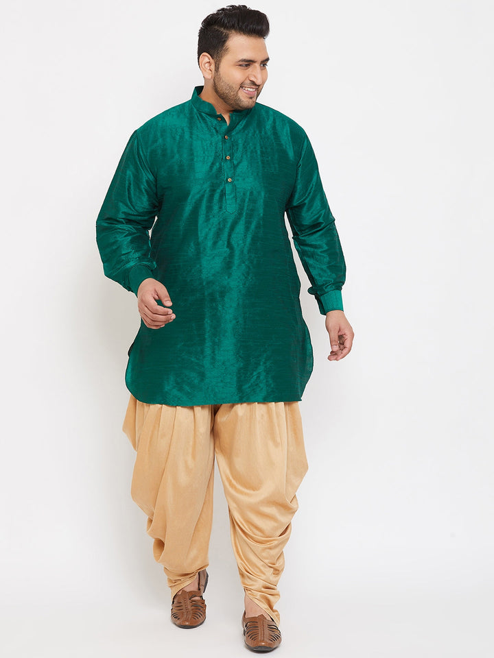 VASTRAMAY Men's Plus Size Green Silk Blend Curved Kurta