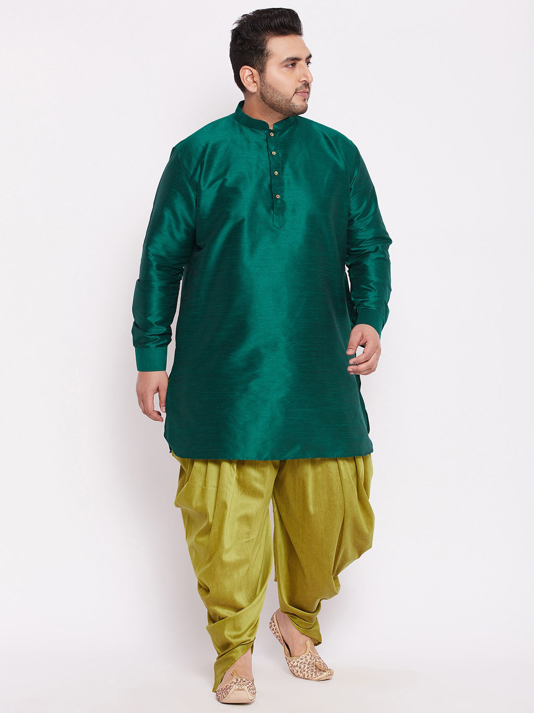 VASTRAMAY Men's Plus Size Green Silk Blend Curved Kurta Dhoti Set