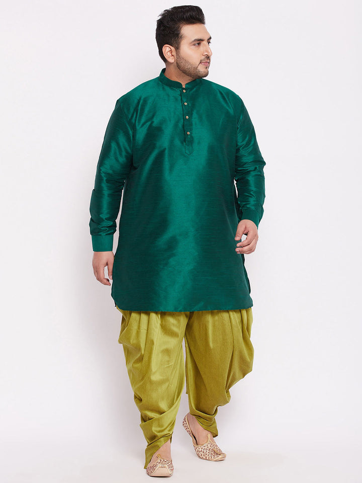 VASTRAMAY Men's Plus Size Green Silk Blend Curved Kurta Dhoti Set, traditional Indian attire perfect for special occasions and celebrations