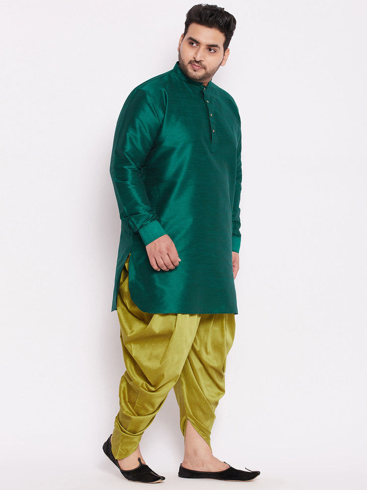 VASTRAMAY Men's Plus Size Green Silk Blend Curved Kurta Dhoti Set