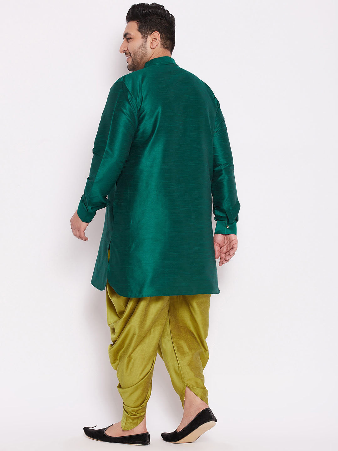 VASTRAMAY Men's Plus Size Green Silk Blend Curved Kurta Dhoti Set