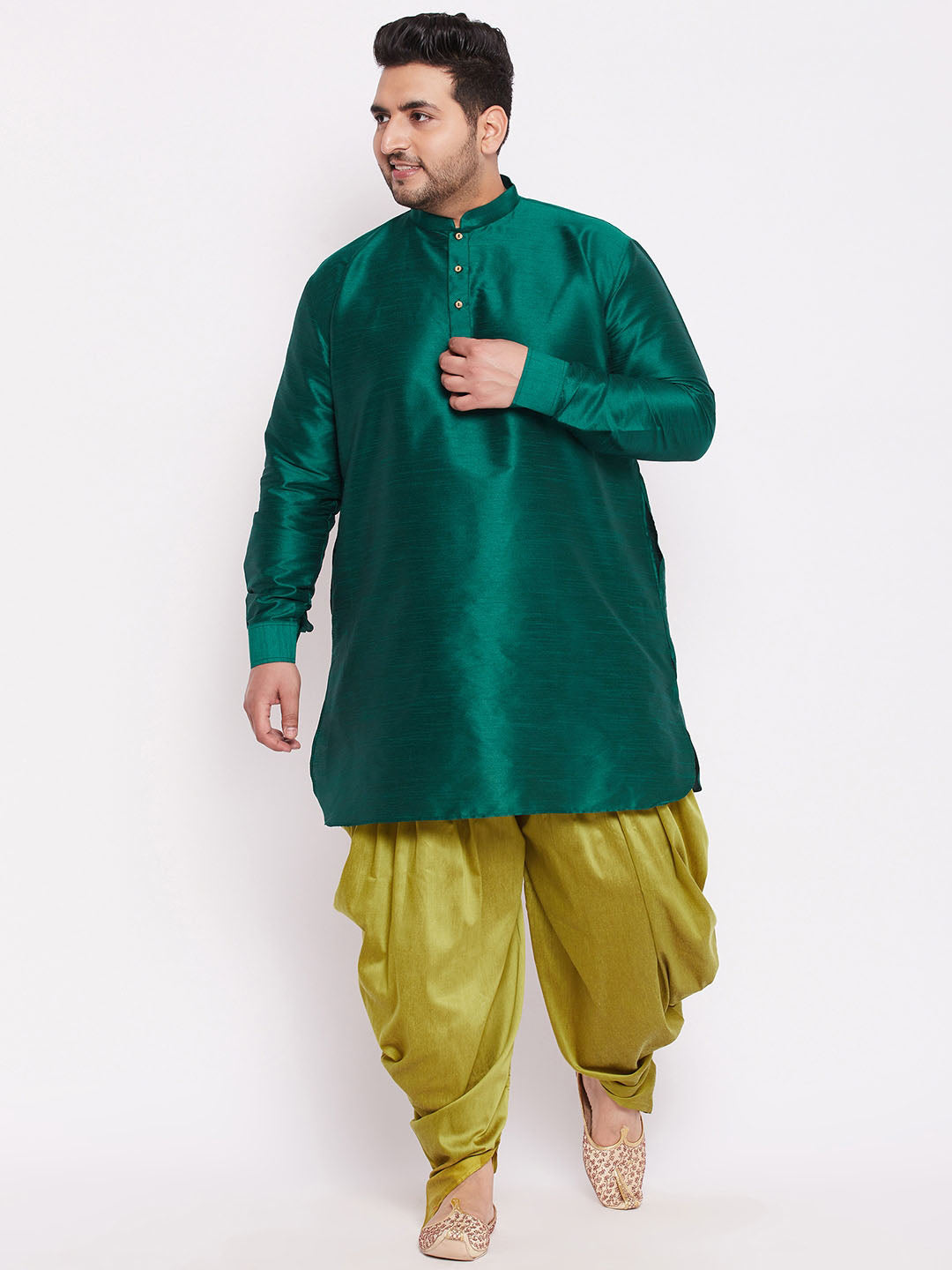 VASTRAMAY Men's Plus Size Green Silk Blend Curved Kurta Dhoti Set