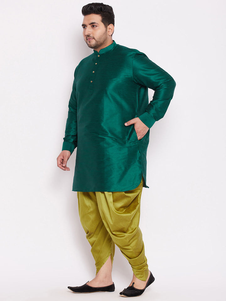 VASTRAMAY Men's Plus Size Green Silk Blend Curved Kurta Dhoti Set