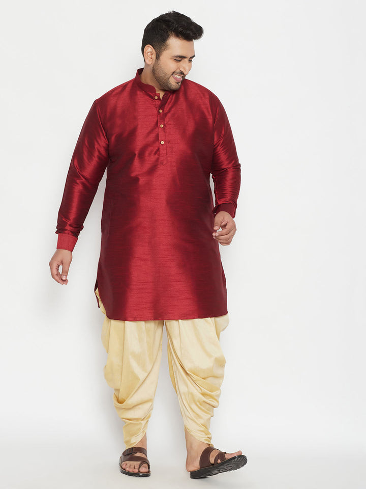 VASTRAMAY Men's Plus Size Maroon Silk Blend Curved Kurta Dhoti Set