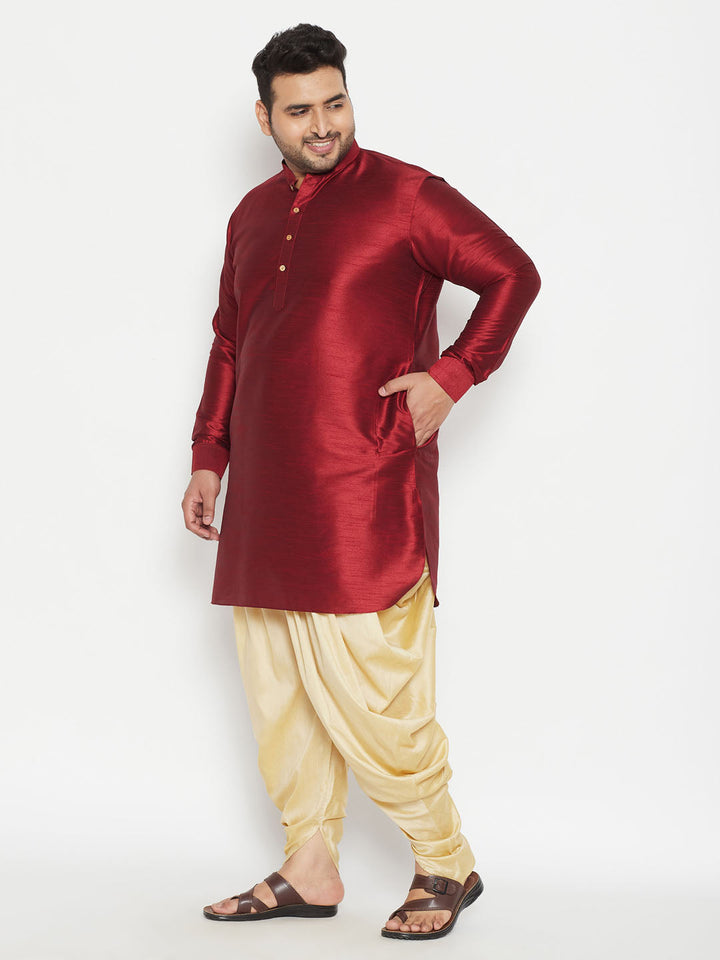 VASTRAMAY Men's Plus Size Maroon Silk Blend Curved Kurta Dhoti Set