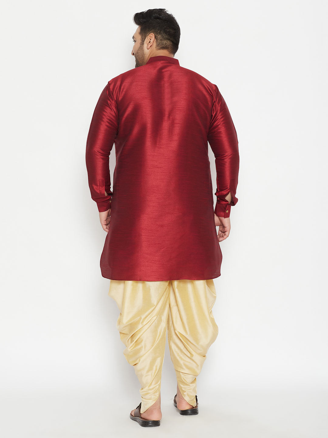 VASTRAMAY Men's Plus Size Maroon Silk Blend Curved Kurta Dhoti Set