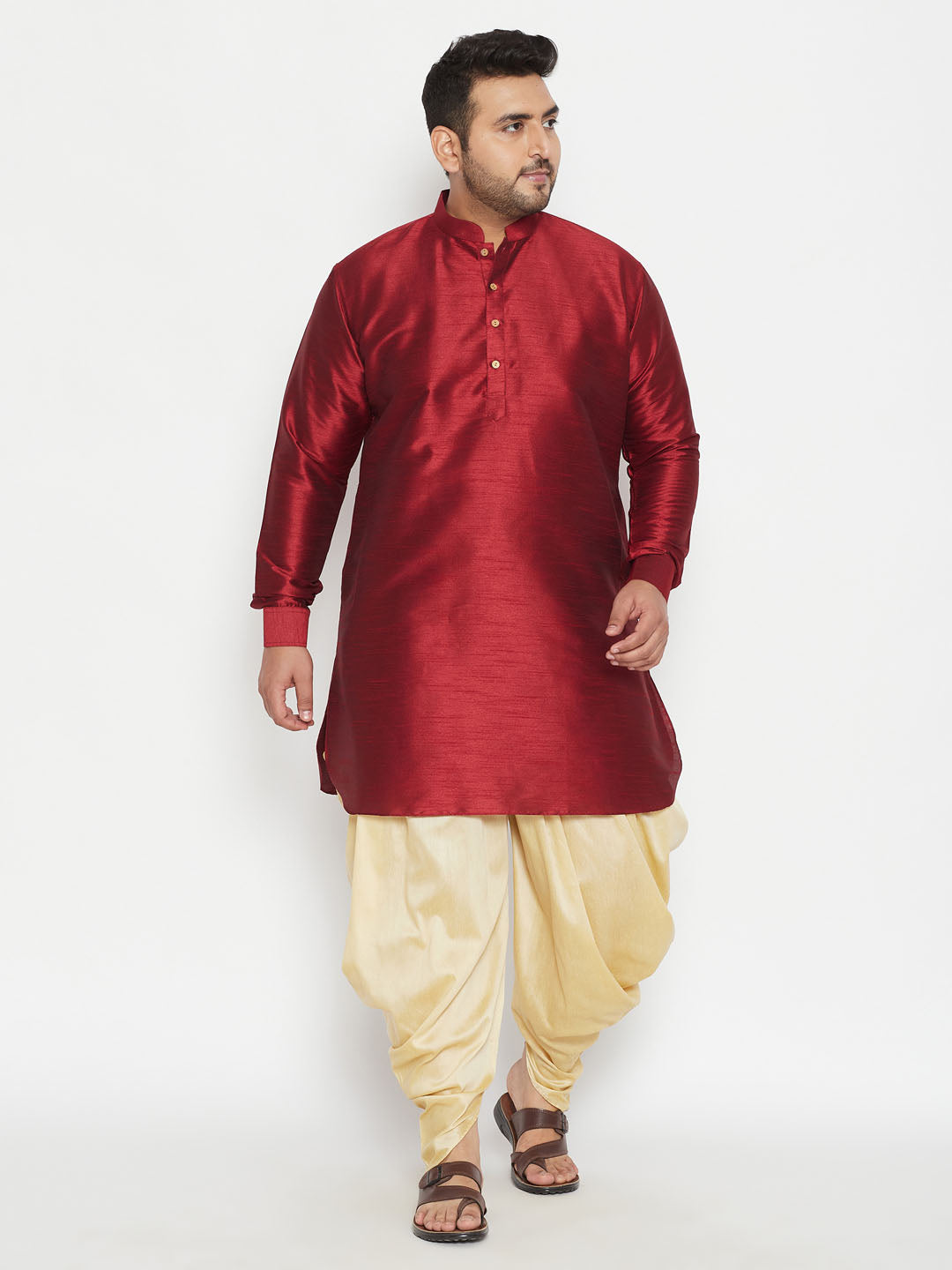 VASTRAMAY Men's Plus Size Maroon Silk Blend Curved Kurta Dhoti Set