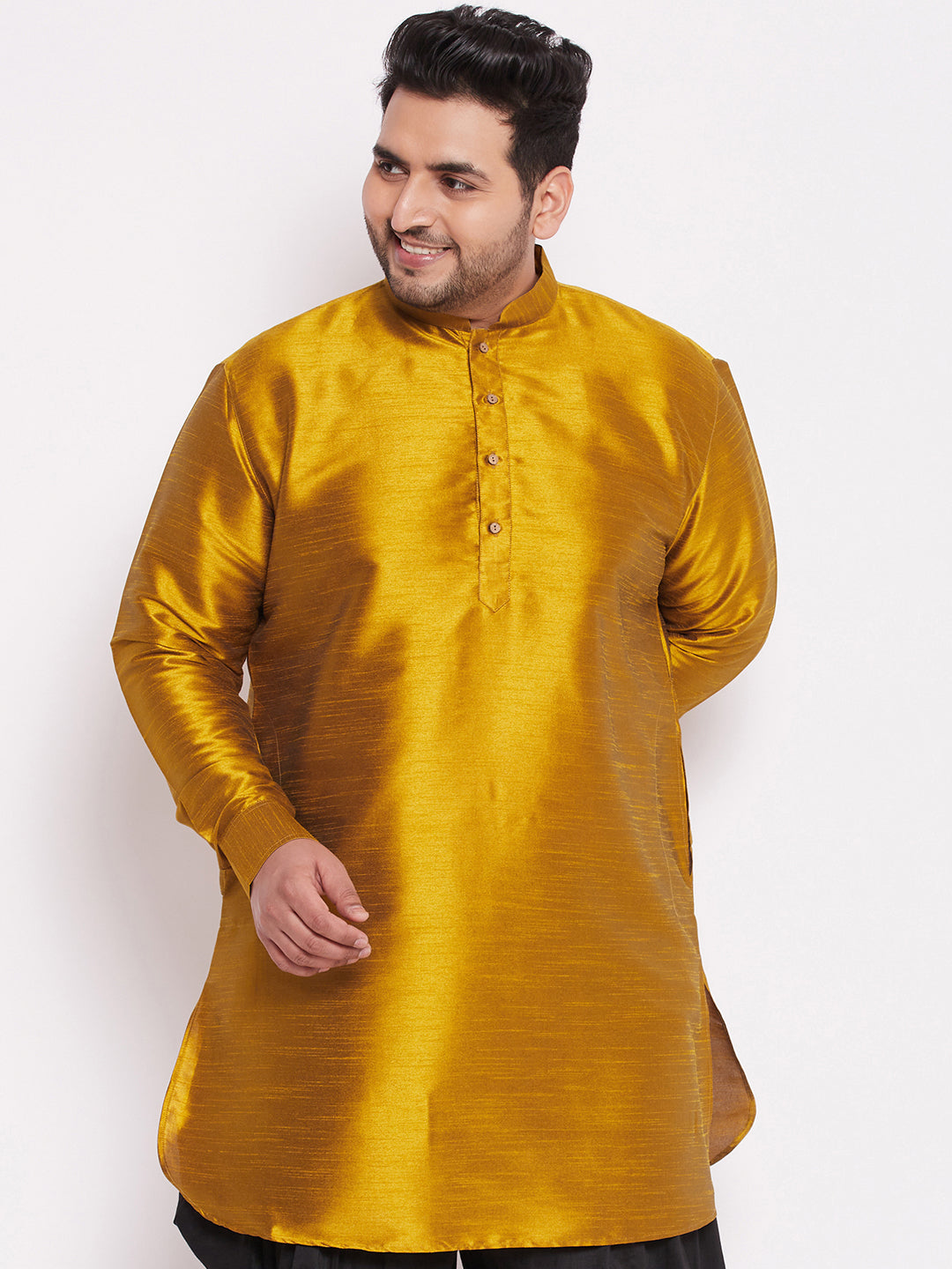 VASTRAMAY Men's Plus Size Mustard Silk Blend Curved Kurta