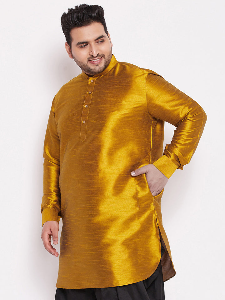 VASTRAMAY Men's Plus Size Mustard Silk Blend Curved Kurta