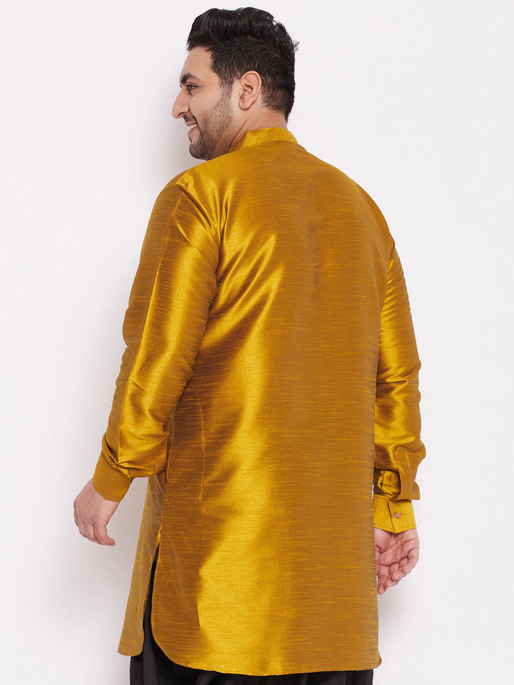 Elegant Mustard Silk Blend Kurta with Curved Hemline and Embroidered Sleeves