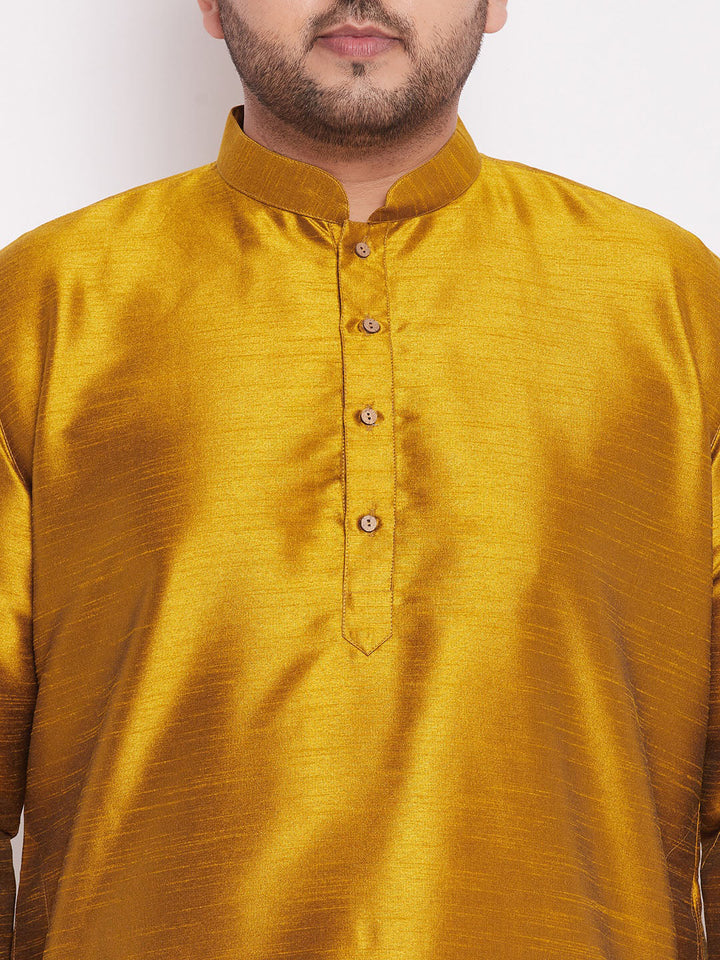 VASTRAMAY Men's Plus Size Mustard Silk Blend Curved Kurta