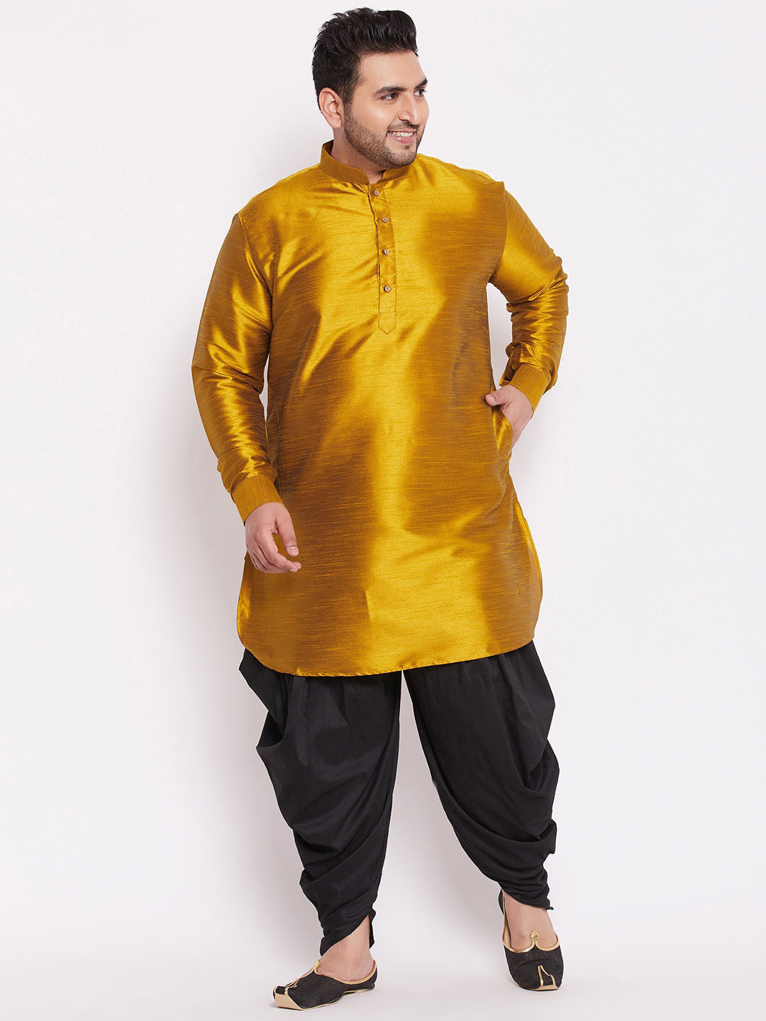 VASTRAMAY Men's Plus Size Mustard Silk Blend Curved Kurta with intricate detailing and traditional design