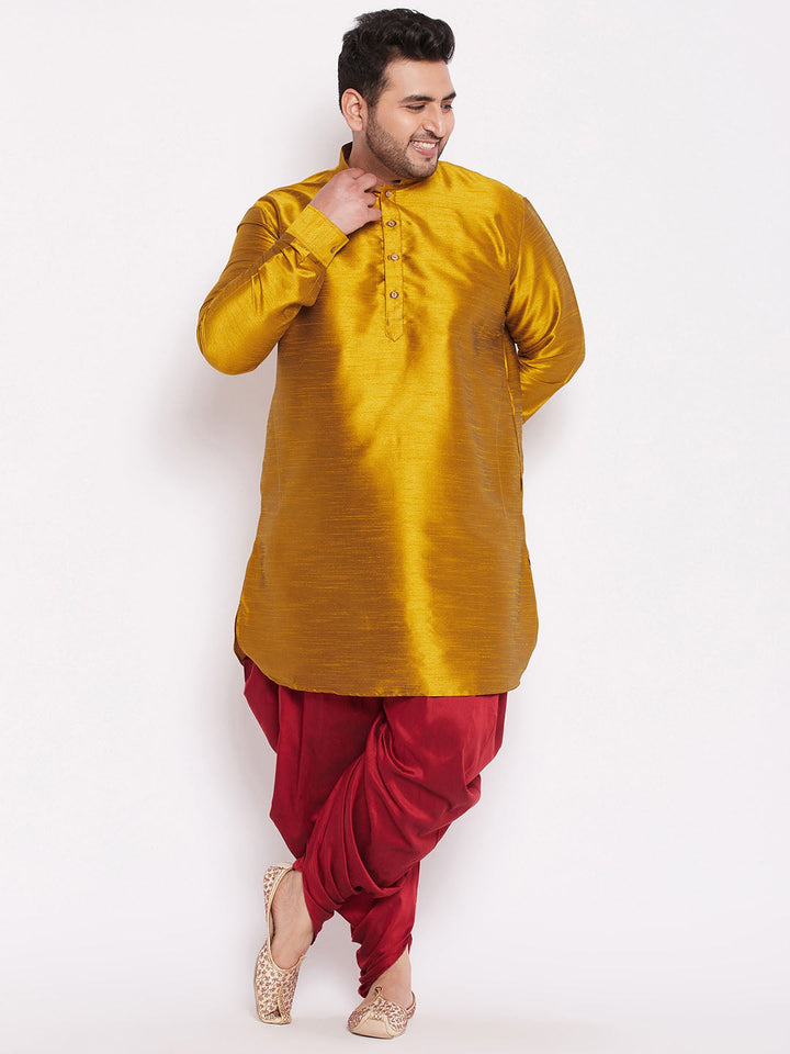 VASTRAMAY Men's Plus Size Mustard Silk Blend Curved Kurta Dhoti Set - Traditional Indian outfit for special occasions and festivals