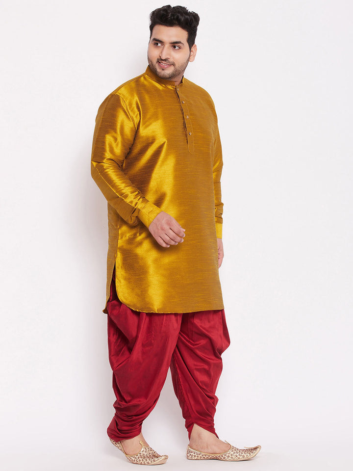 Traditional Indian mustard yellow silk blend kurta with dhoti set for men