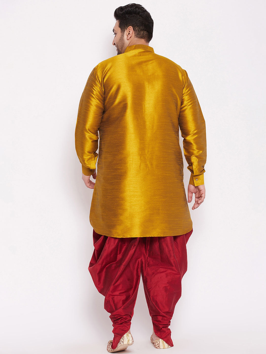 VASTRAMAY Men's Plus Size Mustard Silk Blend Curved Kurta Dhoti Set