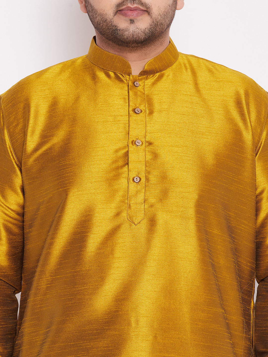 VASTRAMAY Men's Plus Size Mustard Silk Blend Curved Kurta Dhoti Set