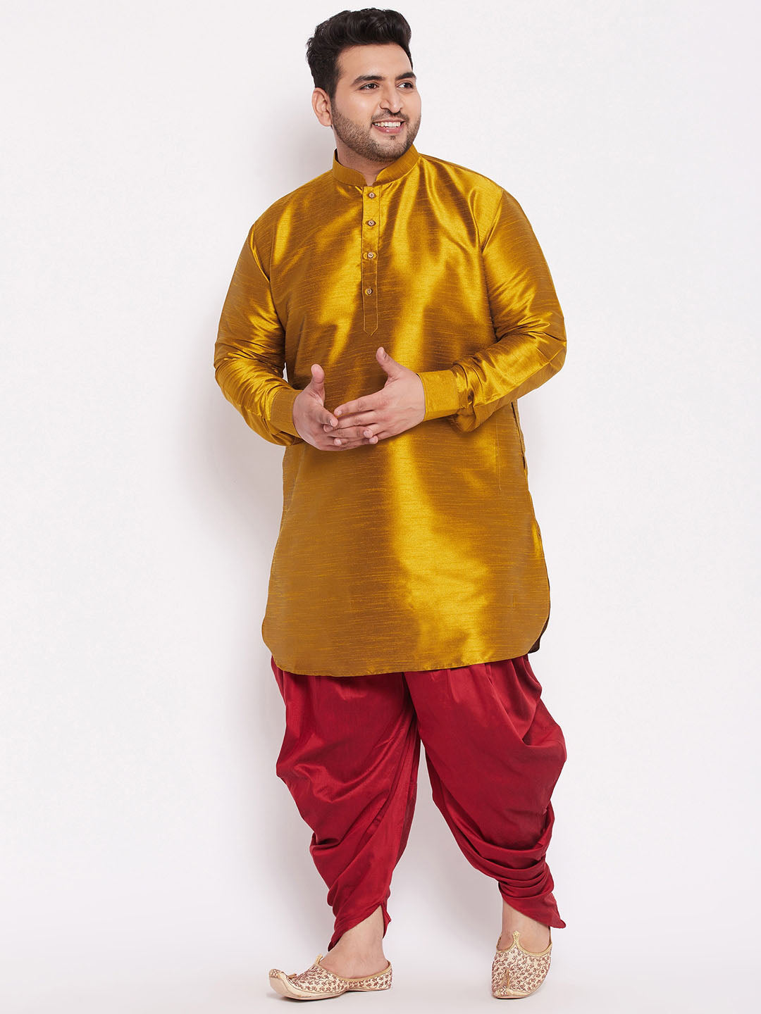 VASTRAMAY Men's Plus Size Mustard Silk Blend Curved Kurta Dhoti Set, traditional Indian attire featuring a mustard-colored kurta with curved hem and matching dhoti, perfect for special occasions