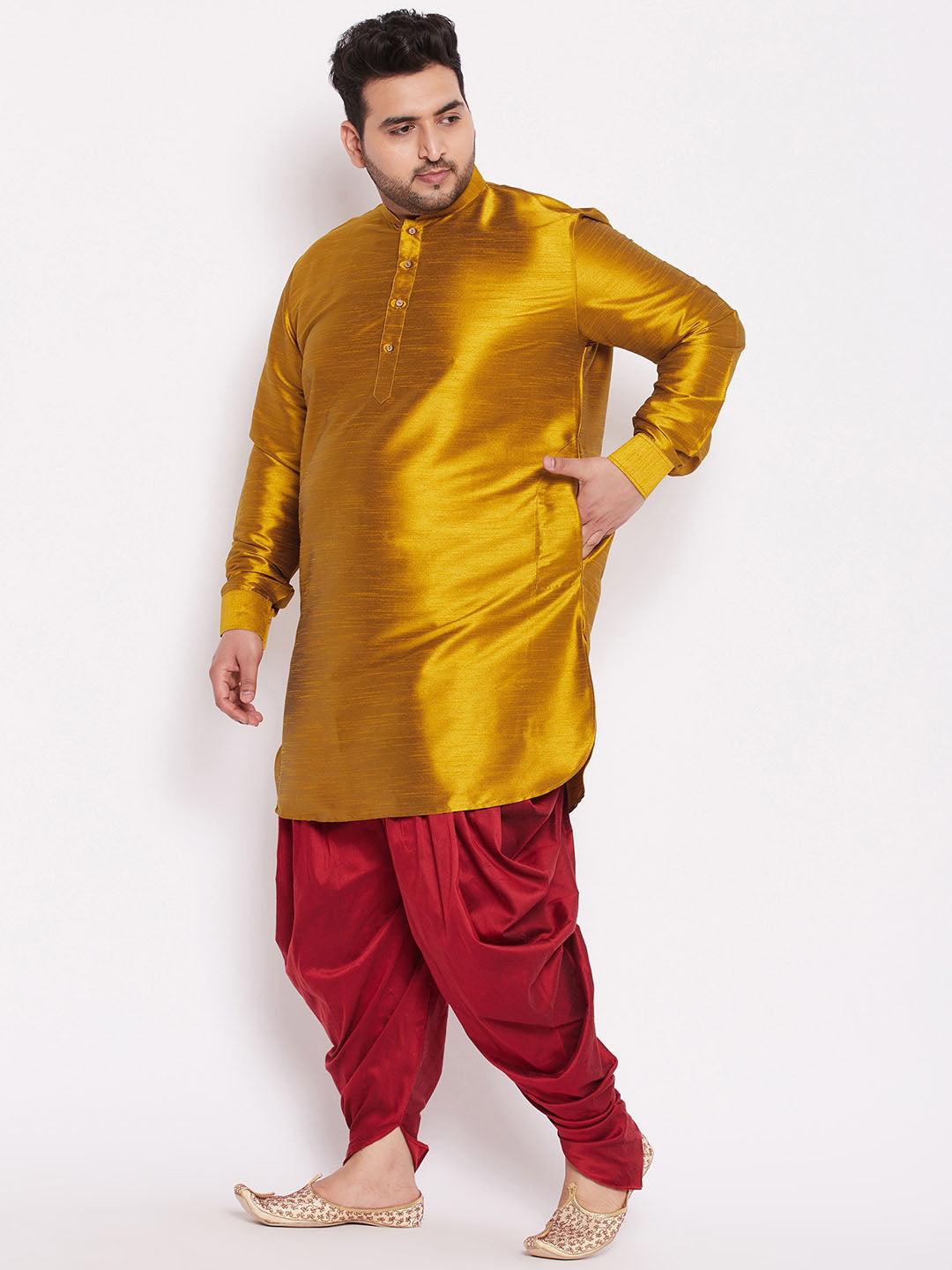 VASTRAMAY Men's Plus Size Mustard Silk Blend Curved Kurta Dhoti Set