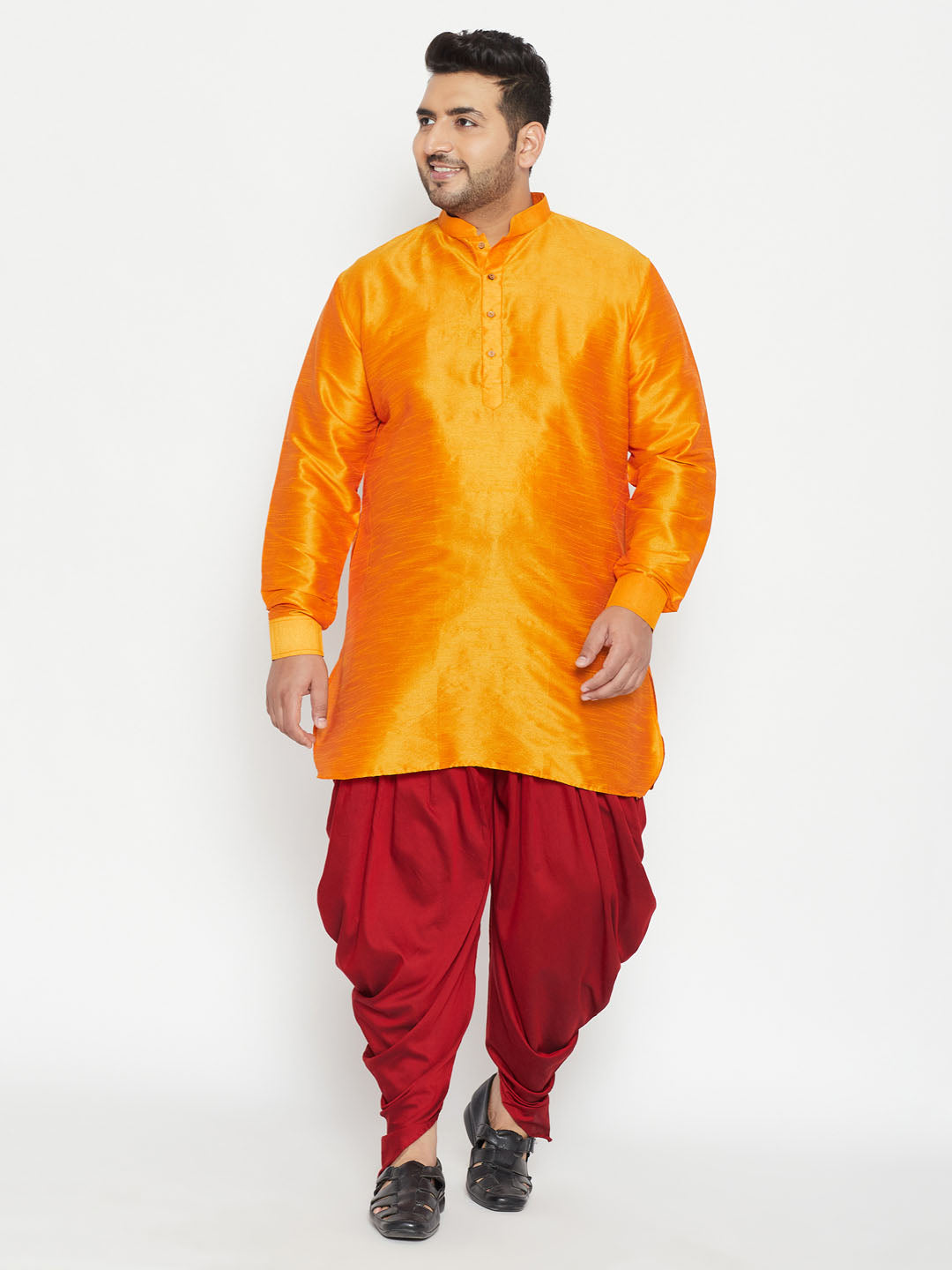 VASTRAMAY Men's Plus Size Orange Silk Blend Curved Kurta Dhoti Set