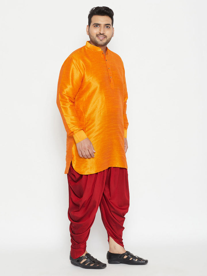 VASTRAMAY Men's Plus Size Orange Silk Blend Curved Kurta Dhoti Set