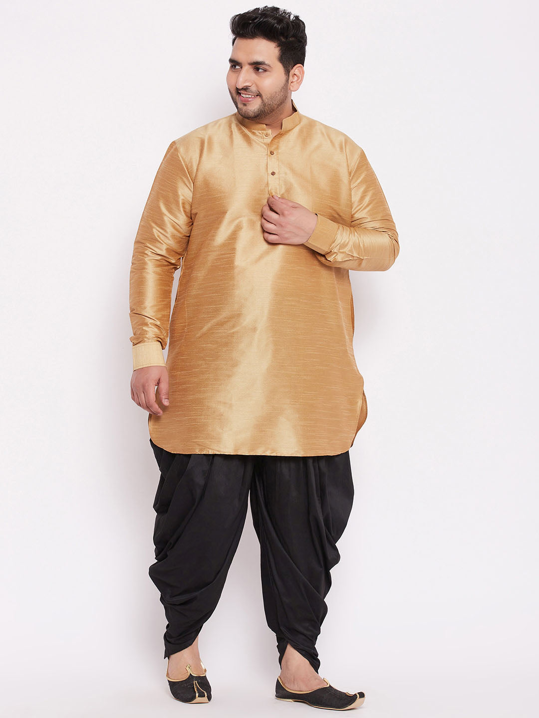 VASTRAMAY Men's Plus Size Rose Gold Silk Blend Curved Kurta Dhoti Set