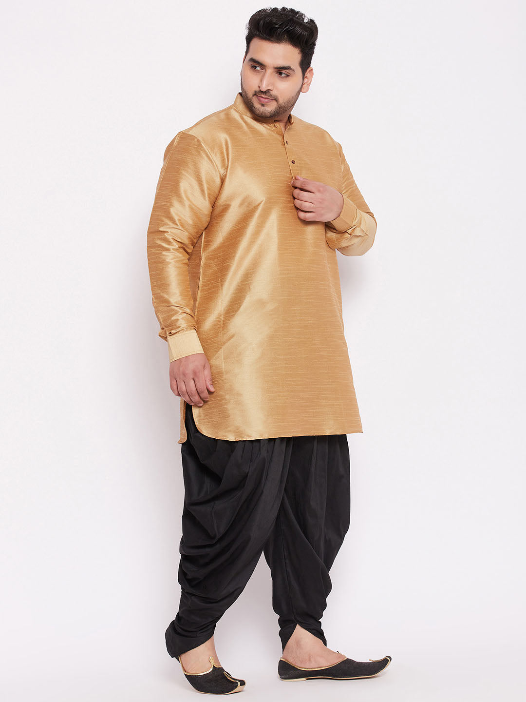 VASTRAMAY Men's Plus Size Rose Gold Silk Blend Curved Kurta Dhoti Set