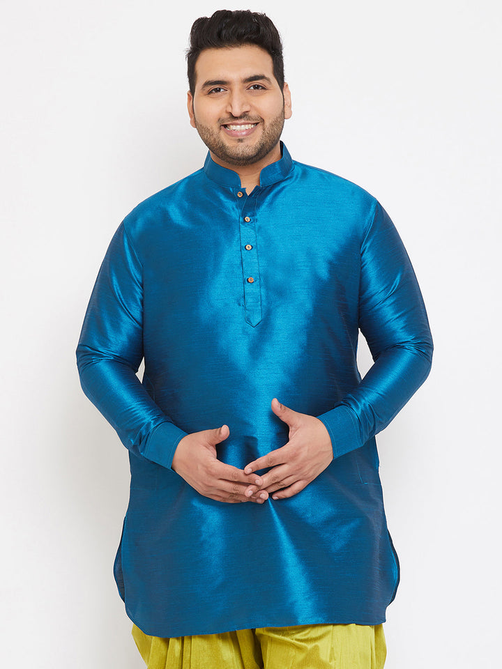 VASTRAMAY Men's Plus Size Turquoise Silk Blend Curved Kurta