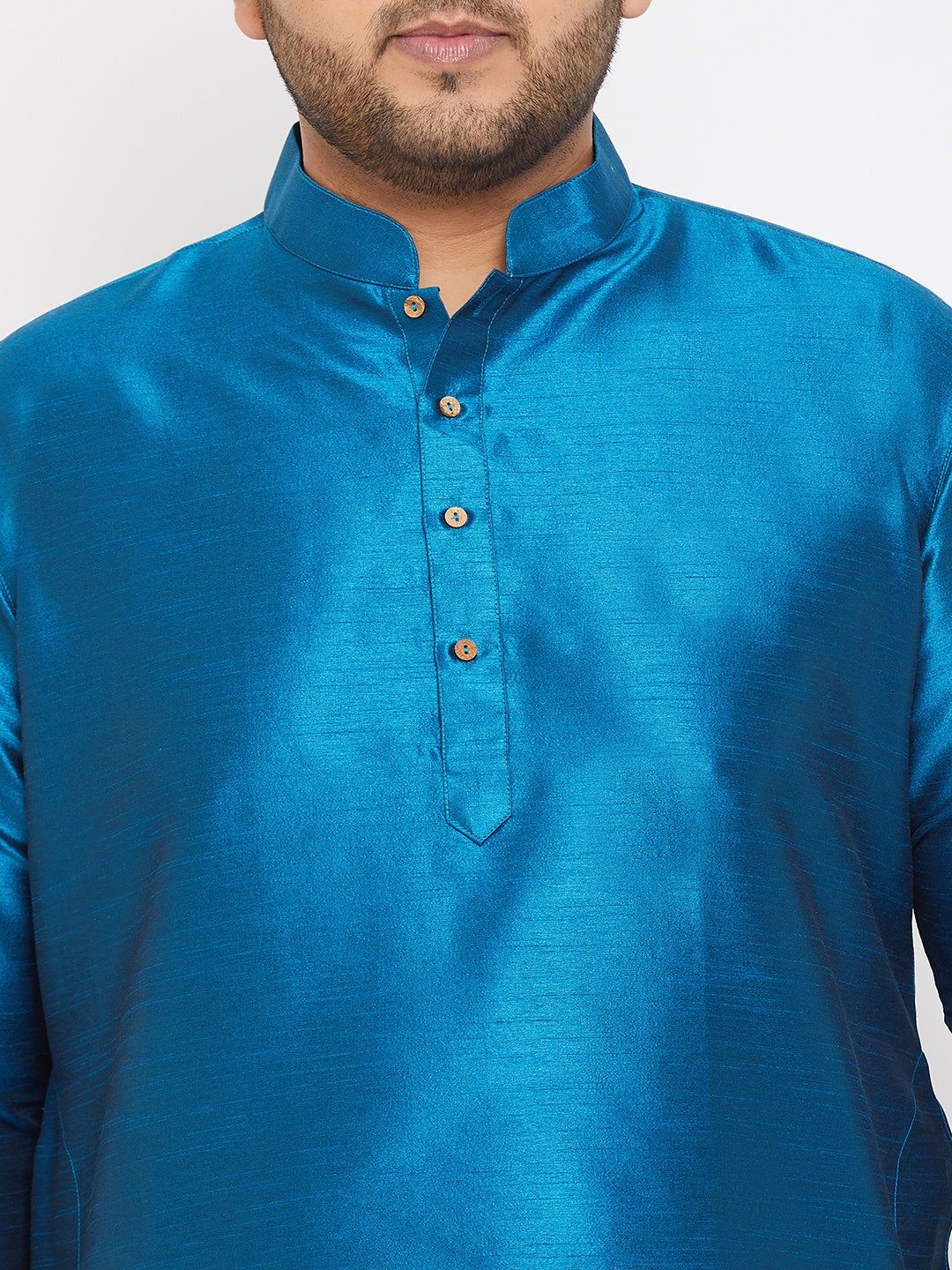 VASTRAMAY Men's Plus Size Turquoise Silk Blend Curved Kurta