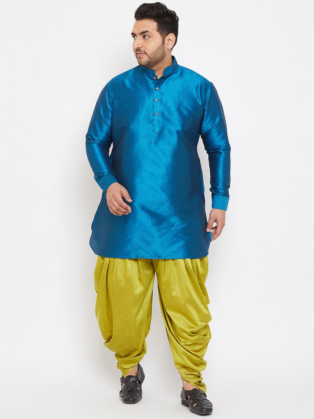 VASTRAMAY Men's Plus Size Turquoise Silk Blend Curved Kurta