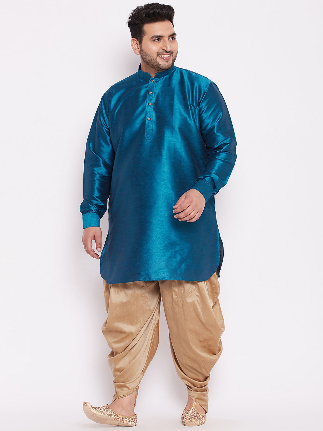 VASTRAMAY Men's Plus Size Turquoise Silk Blend Curved Kurta Dhoti Set