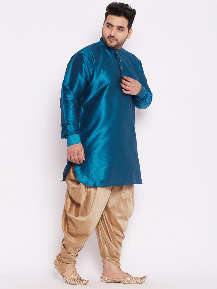 VASTRAMAY Men's Plus Size Turquoise Silk Blend Curved Kurta Dhoti Set