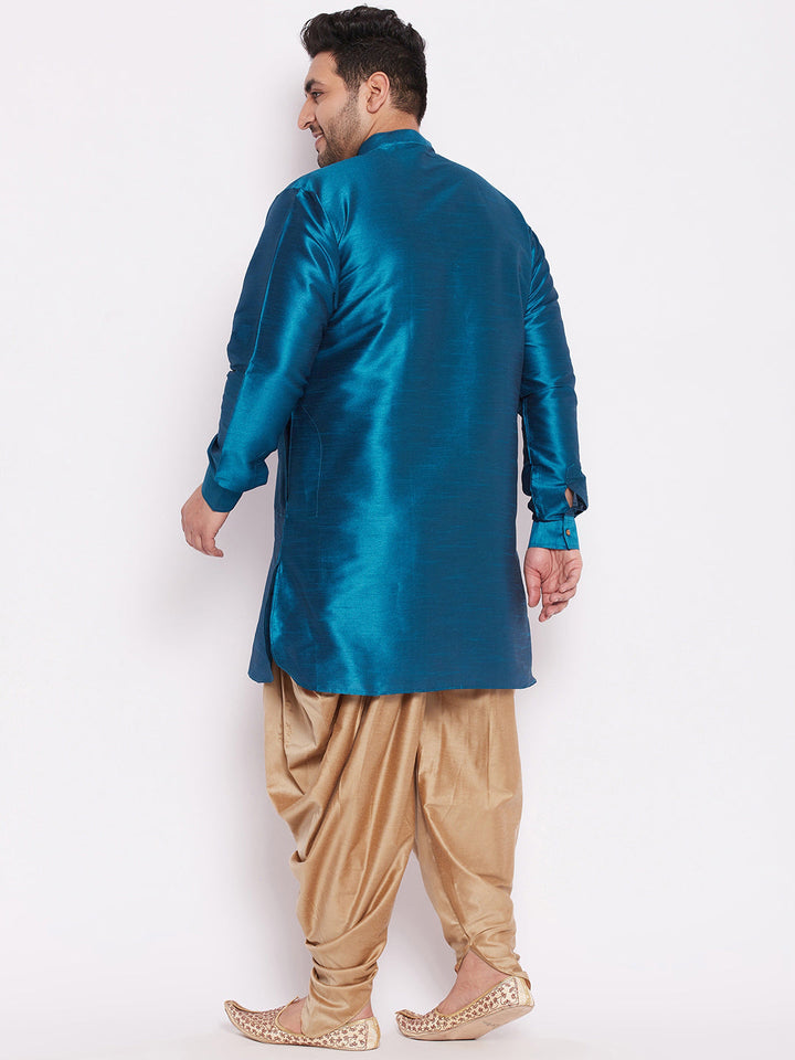 VASTRAMAY Men's Plus Size Turquoise Silk Blend Curved Kurta Dhoti Set