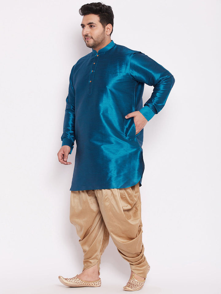 VASTRAMAY Men's Plus Size Turquoise Silk Blend Curved Kurta Dhoti Set