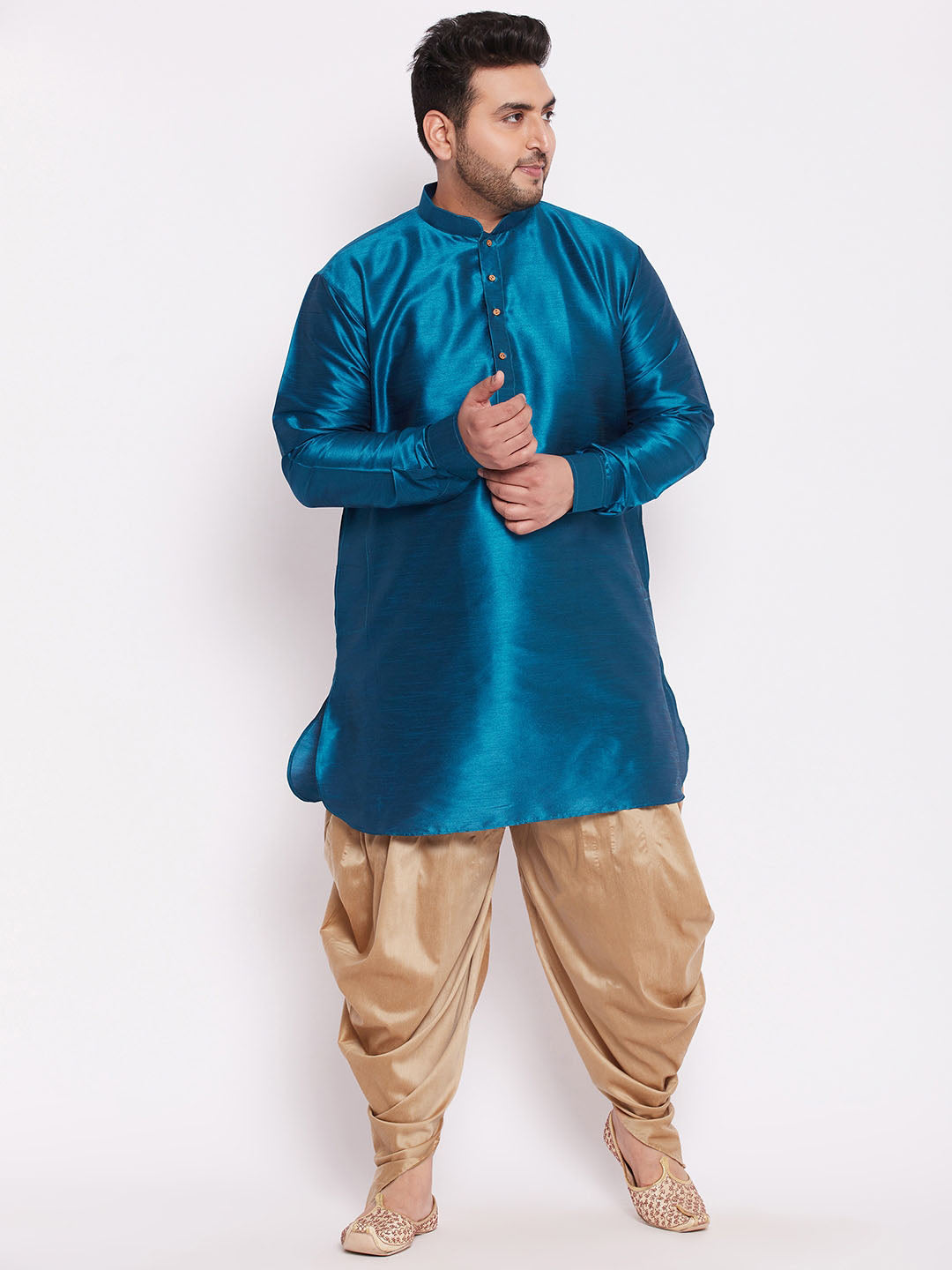 VASTRAMAY Men's Plus Size Turquoise Silk Blend Curved Kurta Dhoti Set