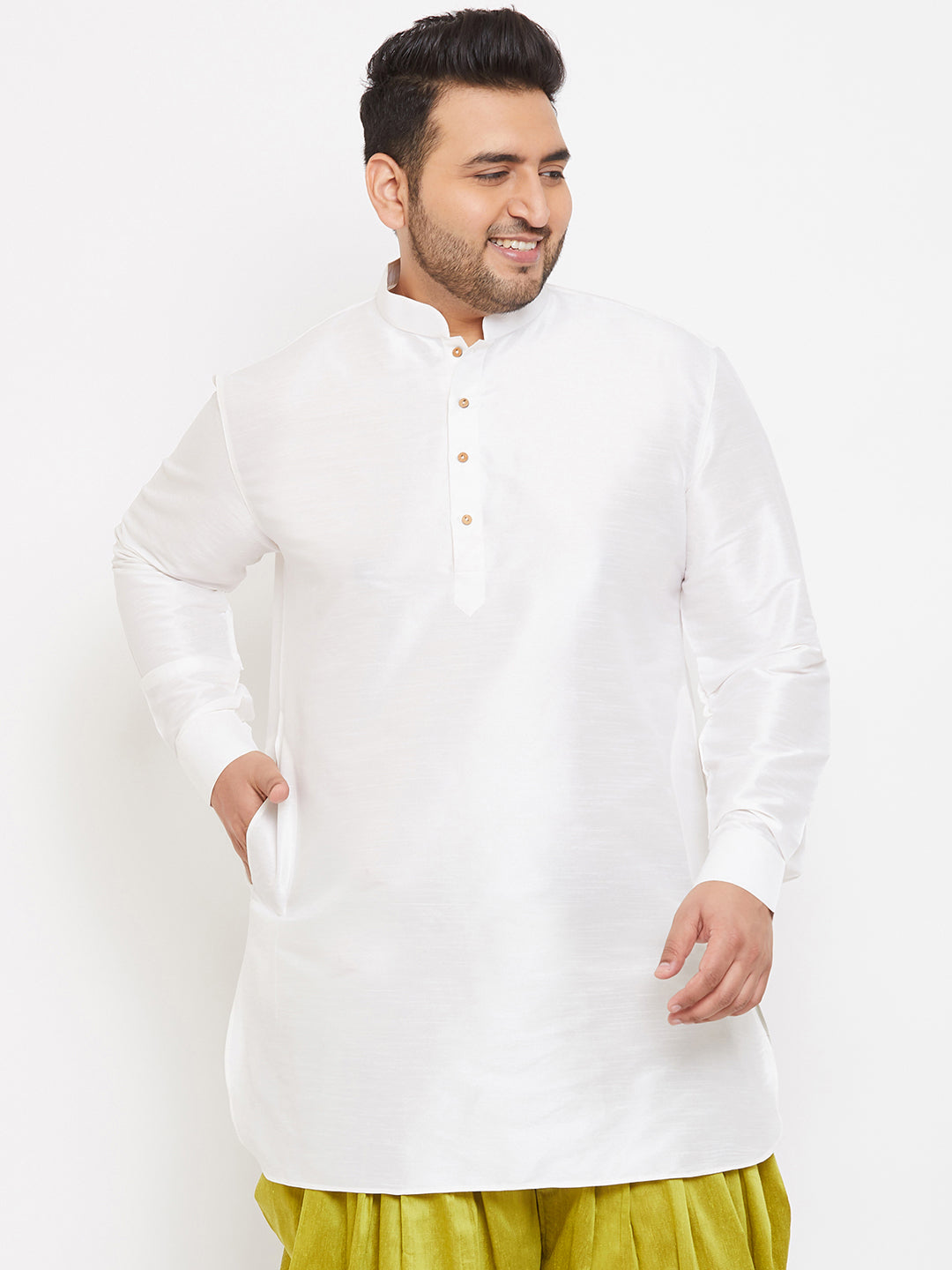 VASTRAMAY Men's Plus Size White Silk Blend Curved Kurta