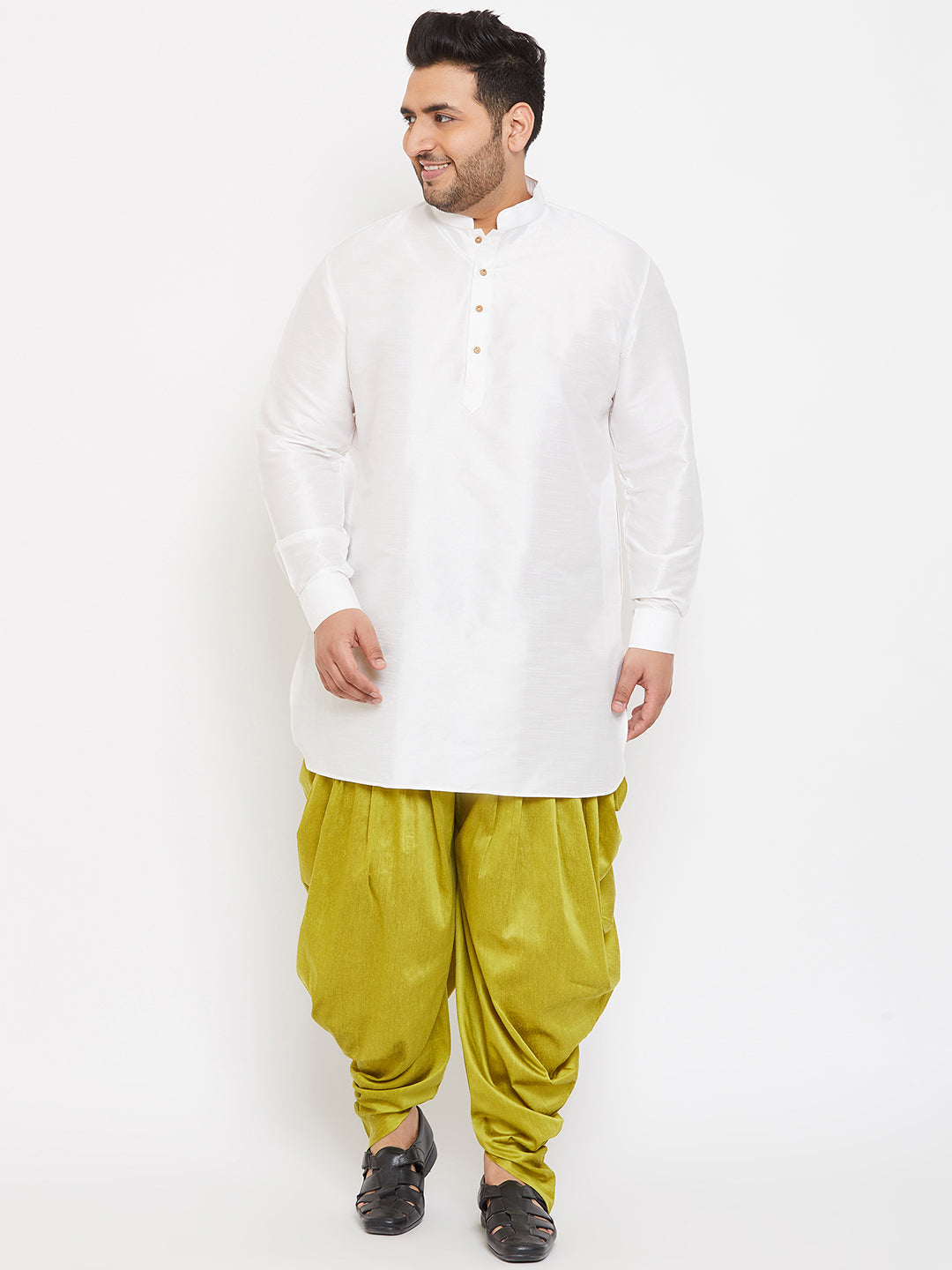 VASTRAMAY Men's Plus Size White Silk Blend Curved Kurta