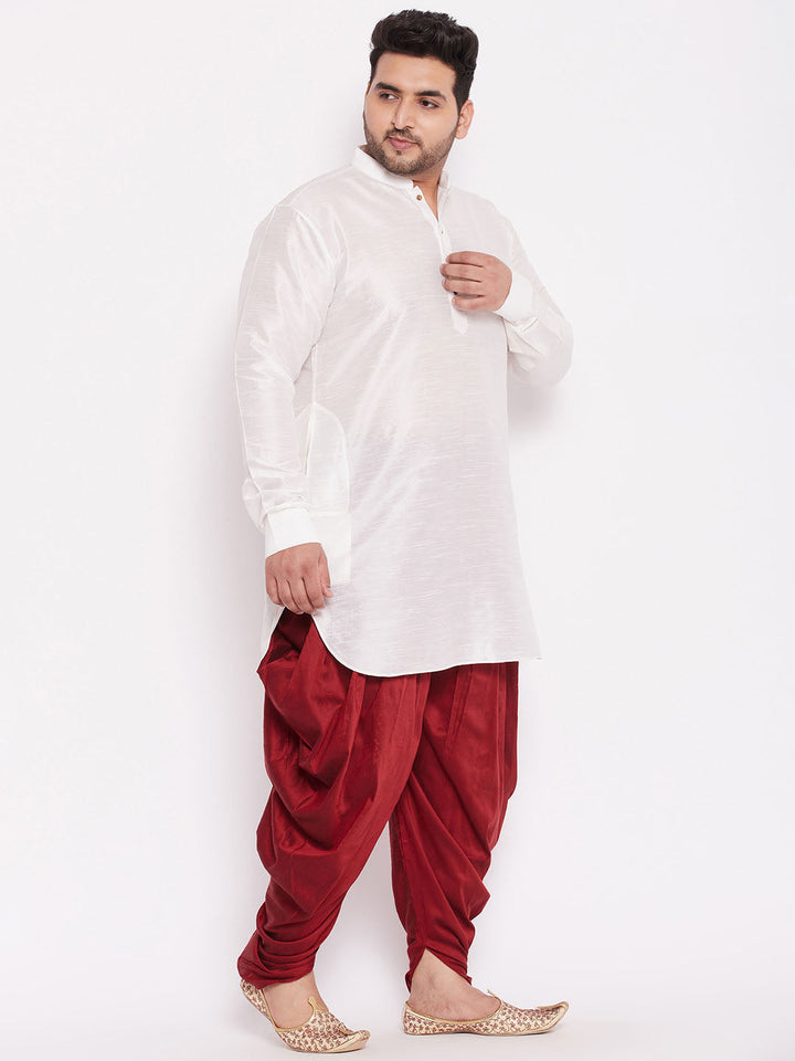 VASTRAMAY Men's Plus Size White Silk Blend Curved Kurta Dhoti Set