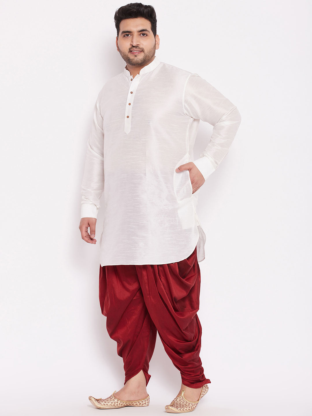 VASTRAMAY Men's Plus Size White Silk Blend Curved Kurta Dhoti Set