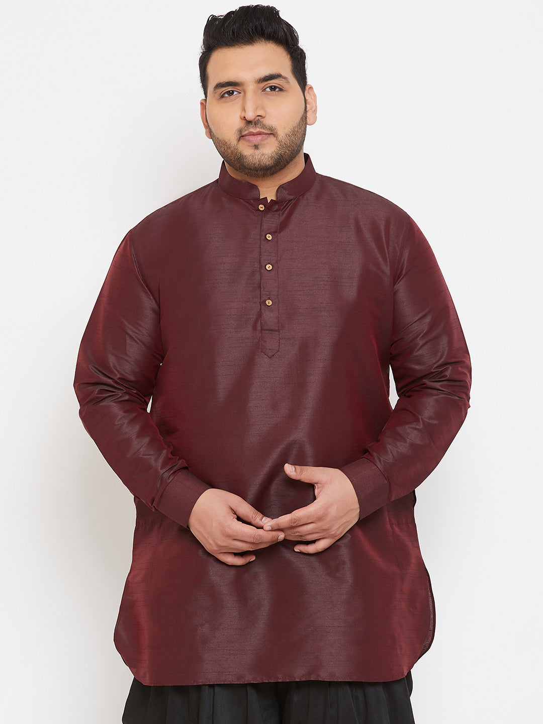 VASTRAMAY Men's Plus Size Wine Silk Blend Curved Kurta