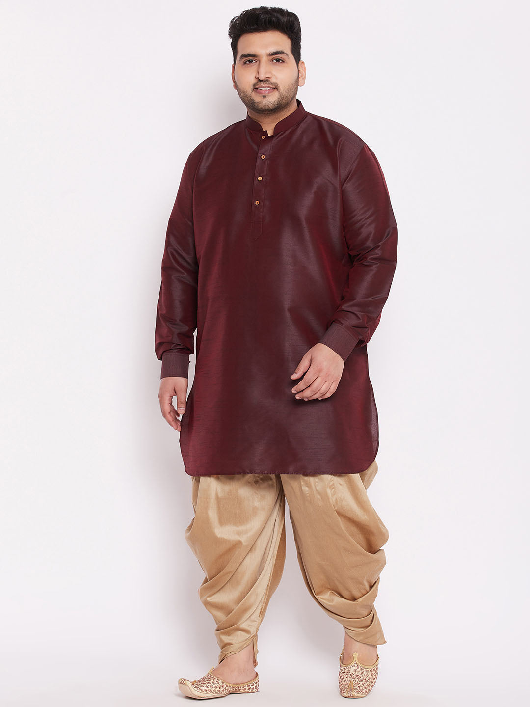 VASTRAMAY Men's Plus Size Wine Silk Blend Curved Kurta Dhoti Set