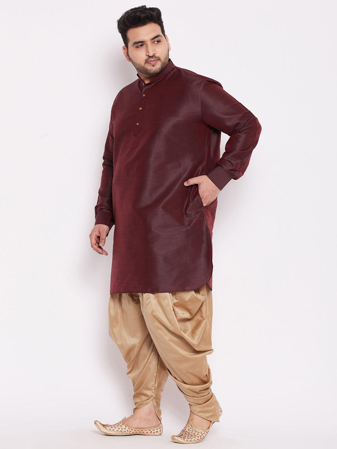 VASTRAMAY Men's Plus Size Wine Silk Blend Curved Kurta Dhoti Set