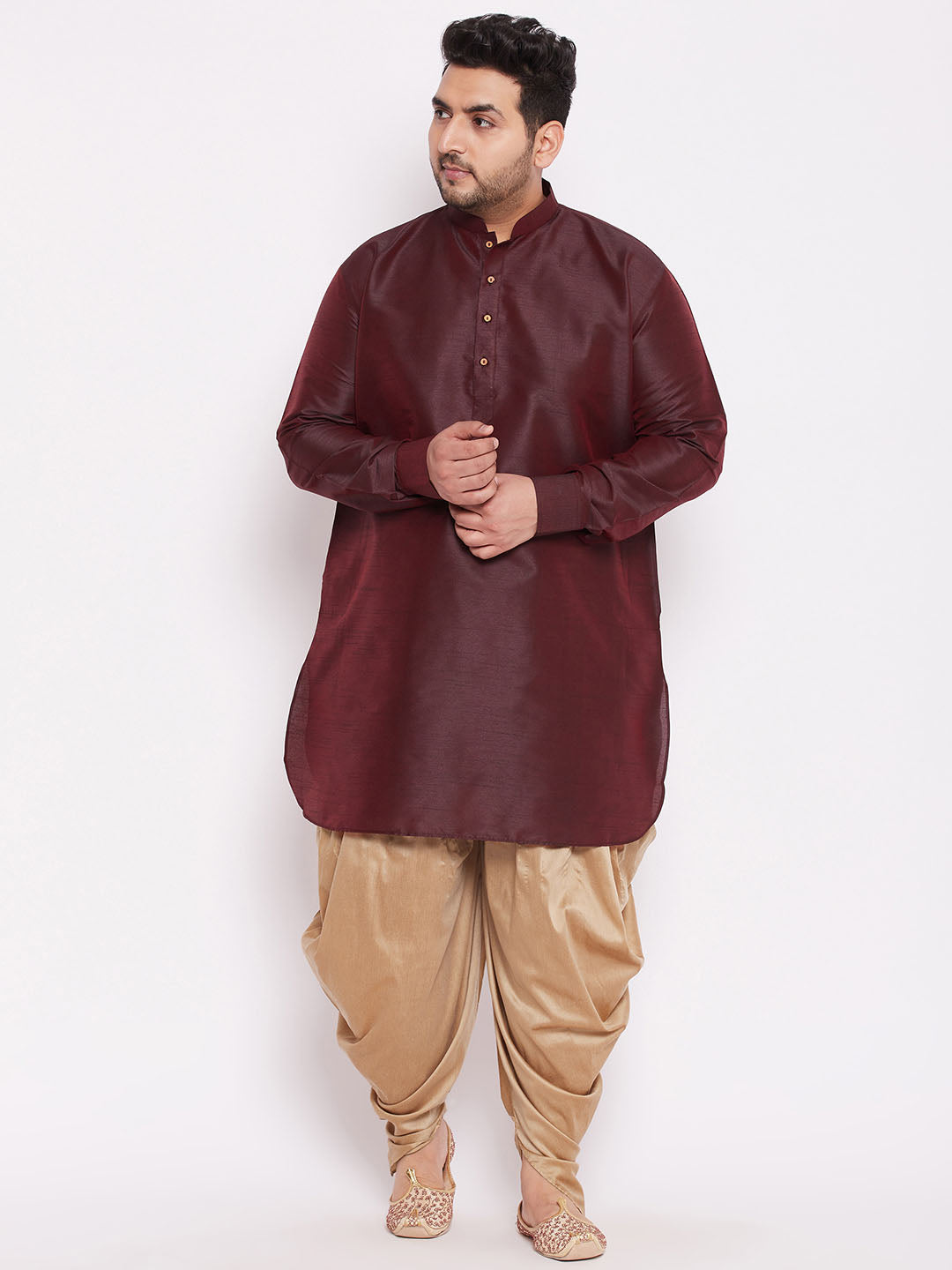 VASTRAMAY Men's Plus Size Wine Silk Blend Curved Kurta Dhoti Set