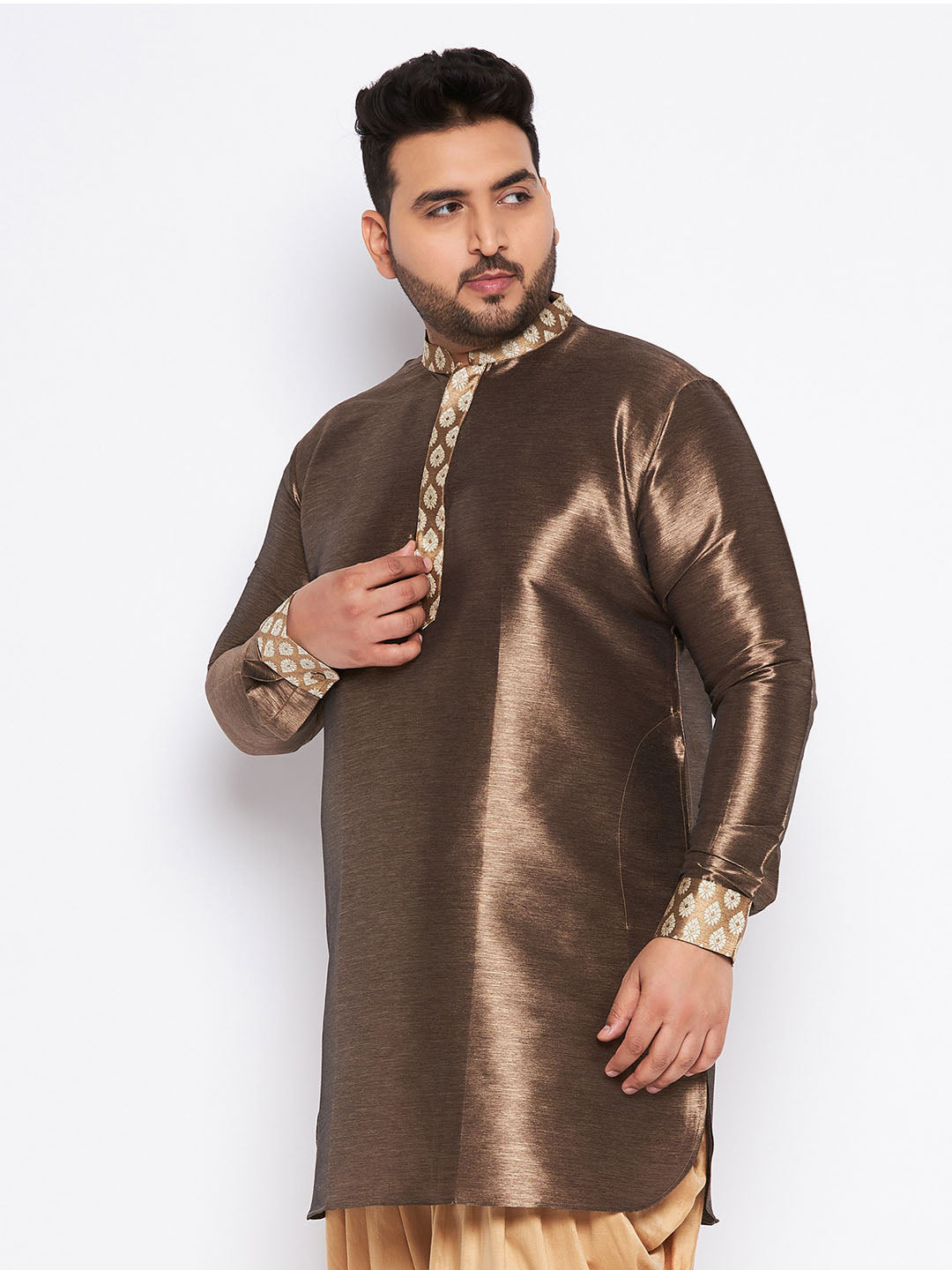 Vastramay Men's Gold Silk Blend Kurta with intricate embroidery and mandarin collar