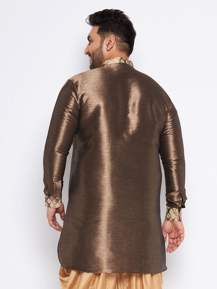  VASTRAMAY Men's Plus Size Gold Silk Blend Curved Kurta in a luxurious and comfortable silk blend fabric