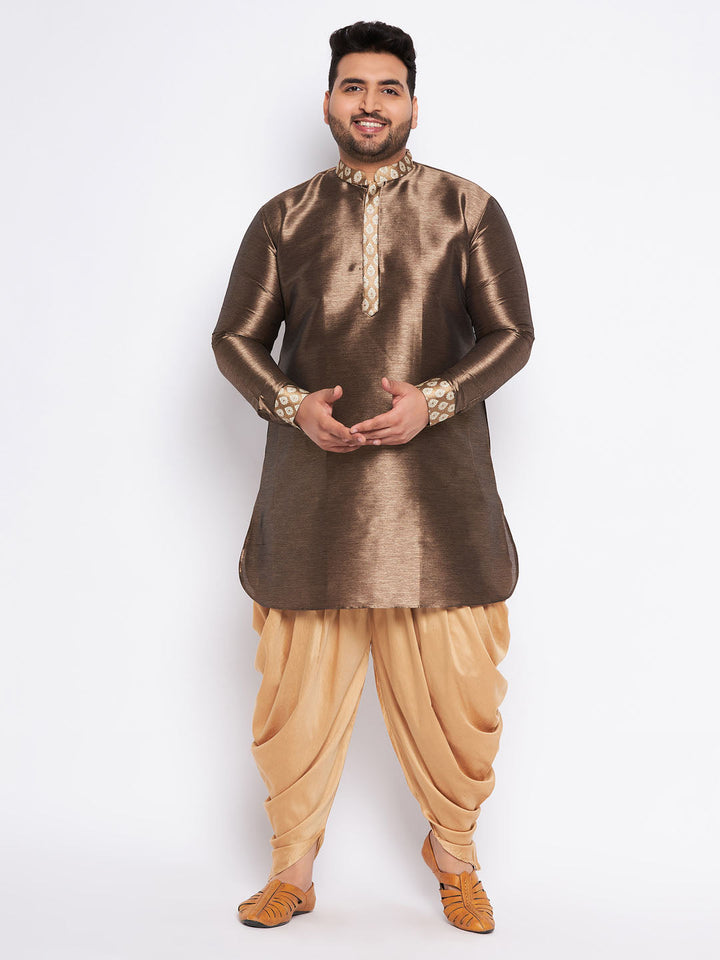 VASTRAMAY Men's Plus Size Gold Silk Blend Curved Kurta