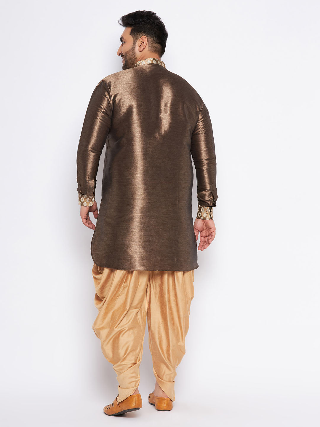 VASTRAMAY Men's Plus Size Gold Silk Blend Curved Kurta And Dhoti Set, traditional Indian outfit with intricate embroidery and rich fabric